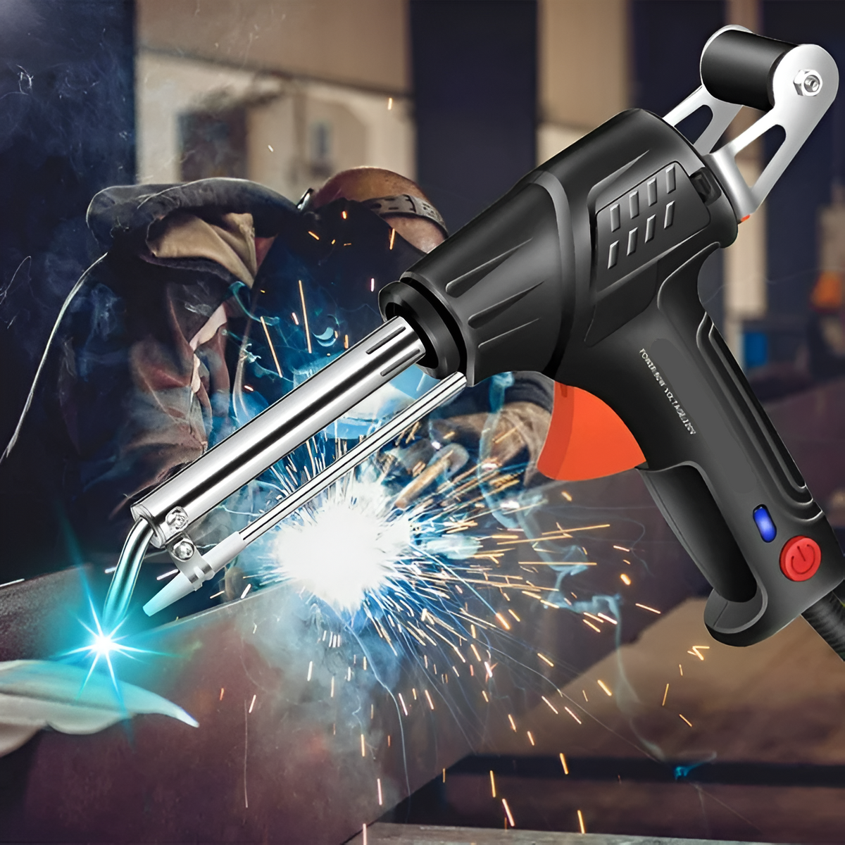 Side view of the black gun with orange trigger and indicator lights, overlaid on a welder in a mask working amid sparks. 4