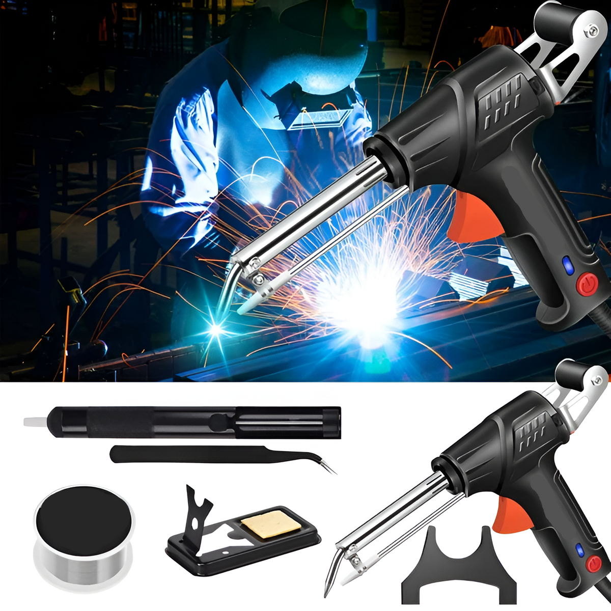 Collage of a welder at work above the gun and its accessories: desoldering pump, tweezers, solder reel and stand. 5