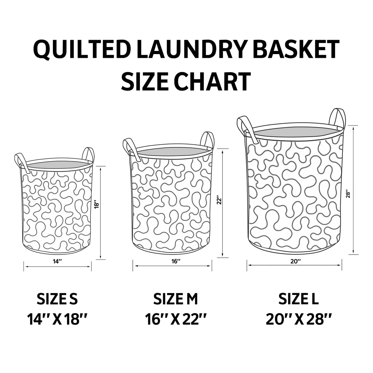 Line-drawing size chart of three quilted baskets labelled small, medium and large, with diameter and height measurements in inches. 10