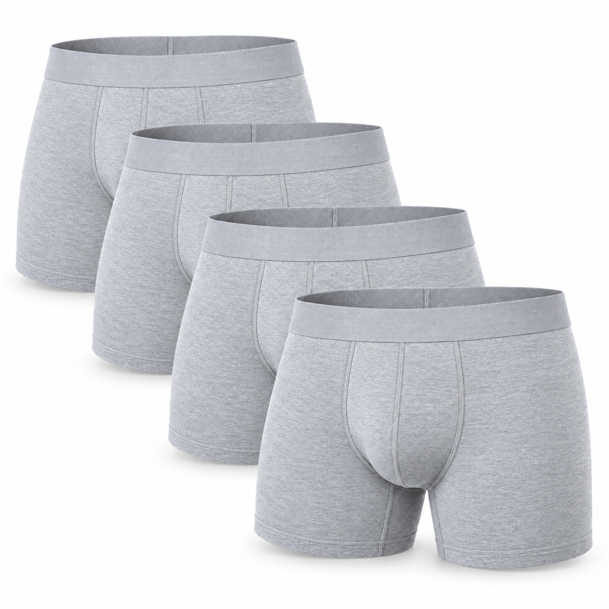 Four light grey marl boxer briefs overlapping in a stack, showing the front seams and matching waistbands. 6