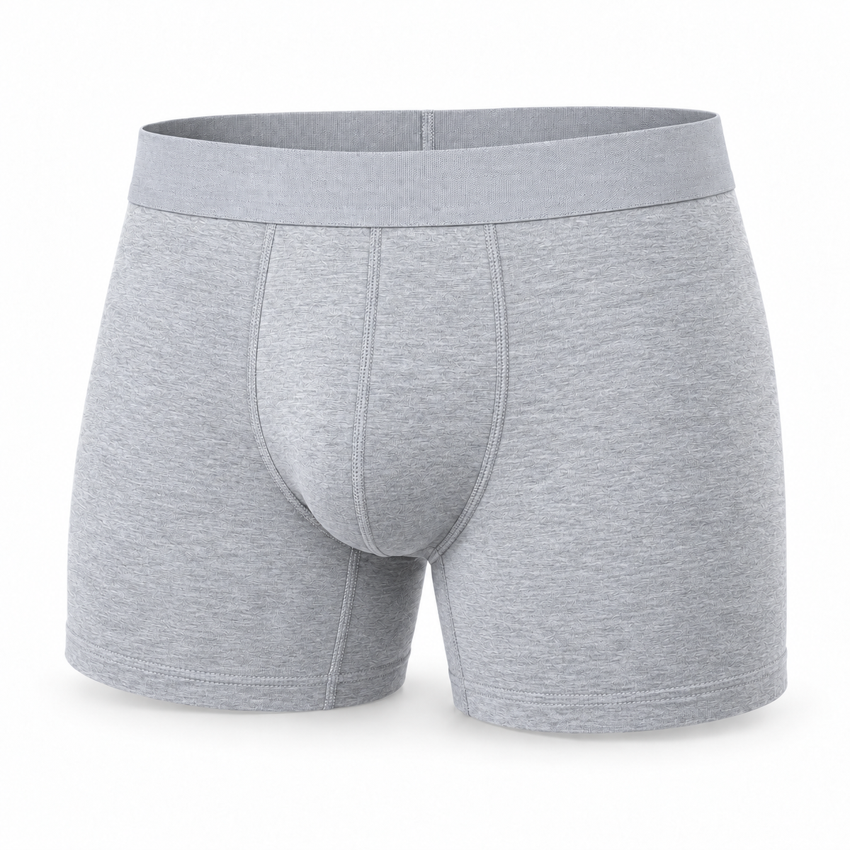 Single light grey marl boxer brief seen from the front, with stitched front panel, wide waistband and hemmed leg openings. 7