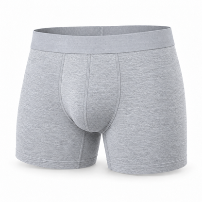 Single light grey marl boxer brief seen from the front, with stitched front panel, wide waistband and hemmed leg openings. 7