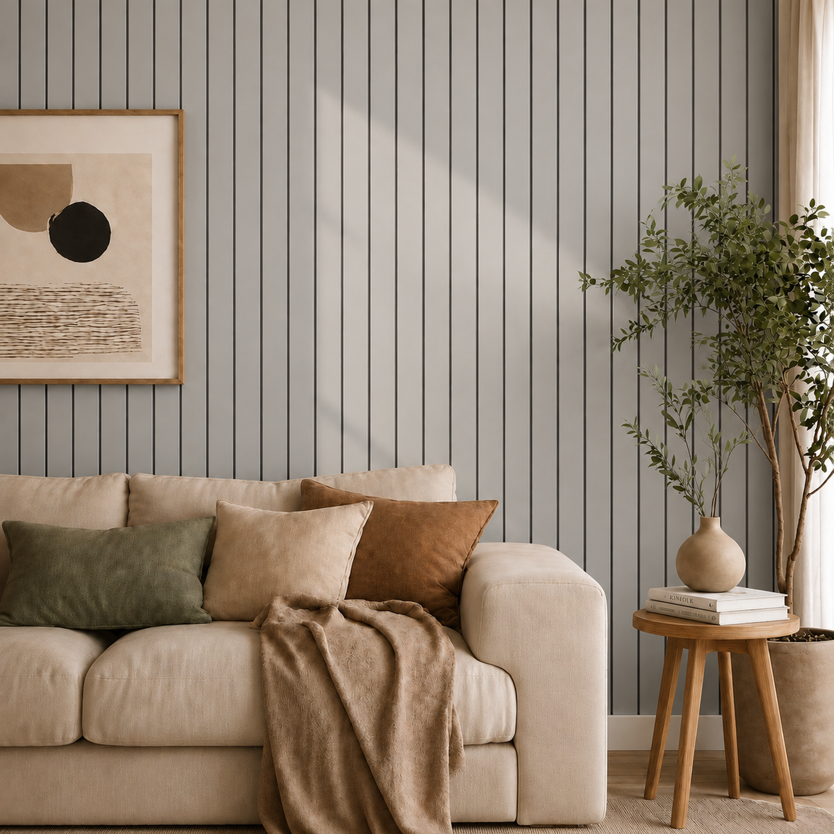 Grey slat wall behind a cream sofa with cushions, throw, plant and wooden side table 15