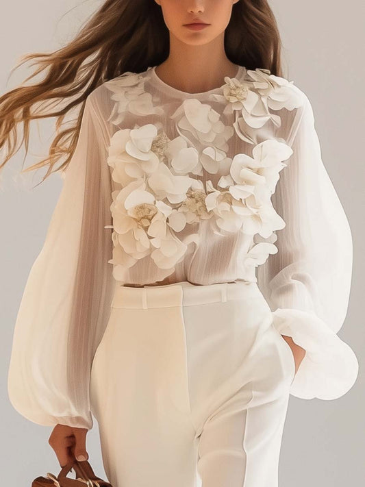 Lightweight Blouse With Three-Dimensional Floral Appliqués - Caroline