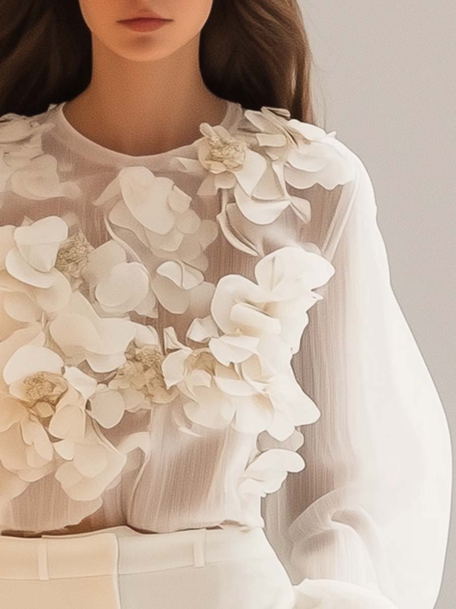 Lightweight Blouse With Three-Dimensional Floral Appliqués - Caroline