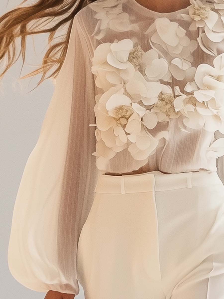 Lightweight Blouse With Three-Dimensional Floral Appliqués - Caroline