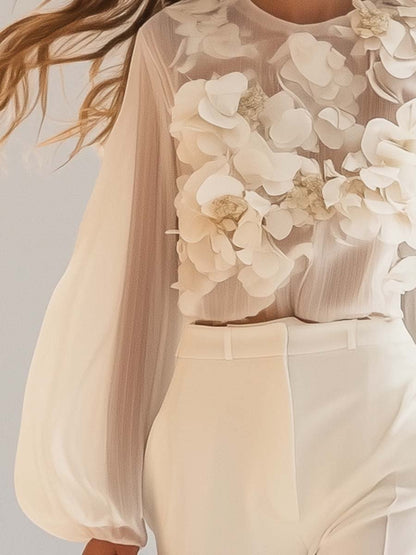 Lightweight Blouse With Three-Dimensional Floral Appliqués - Caroline