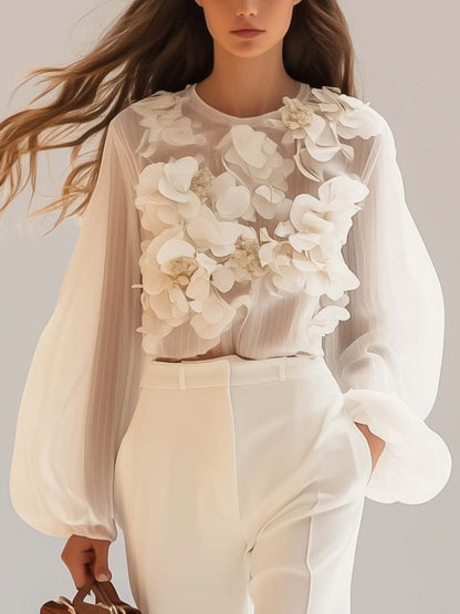 Lightweight Blouse With Three-Dimensional Floral Appliqués - Caroline