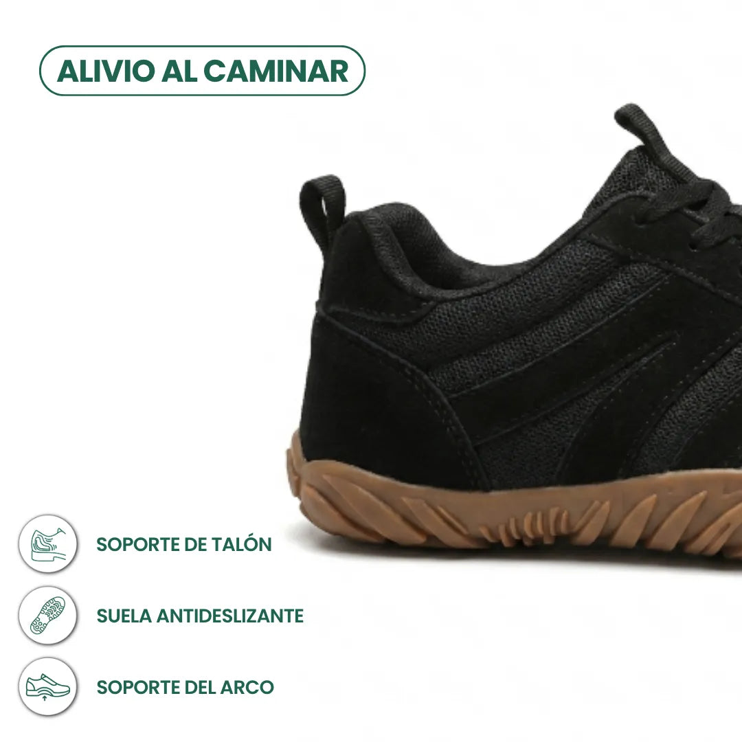 Close-up of the heel and side of the black mesh and suede shoe with a gum rubber sole, with feature icons. 22