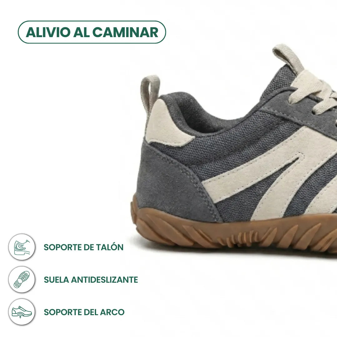 Close-up of the grey shoe's heel, with icons highlighting heel support, a grippy non-slip sole and arch support. 4