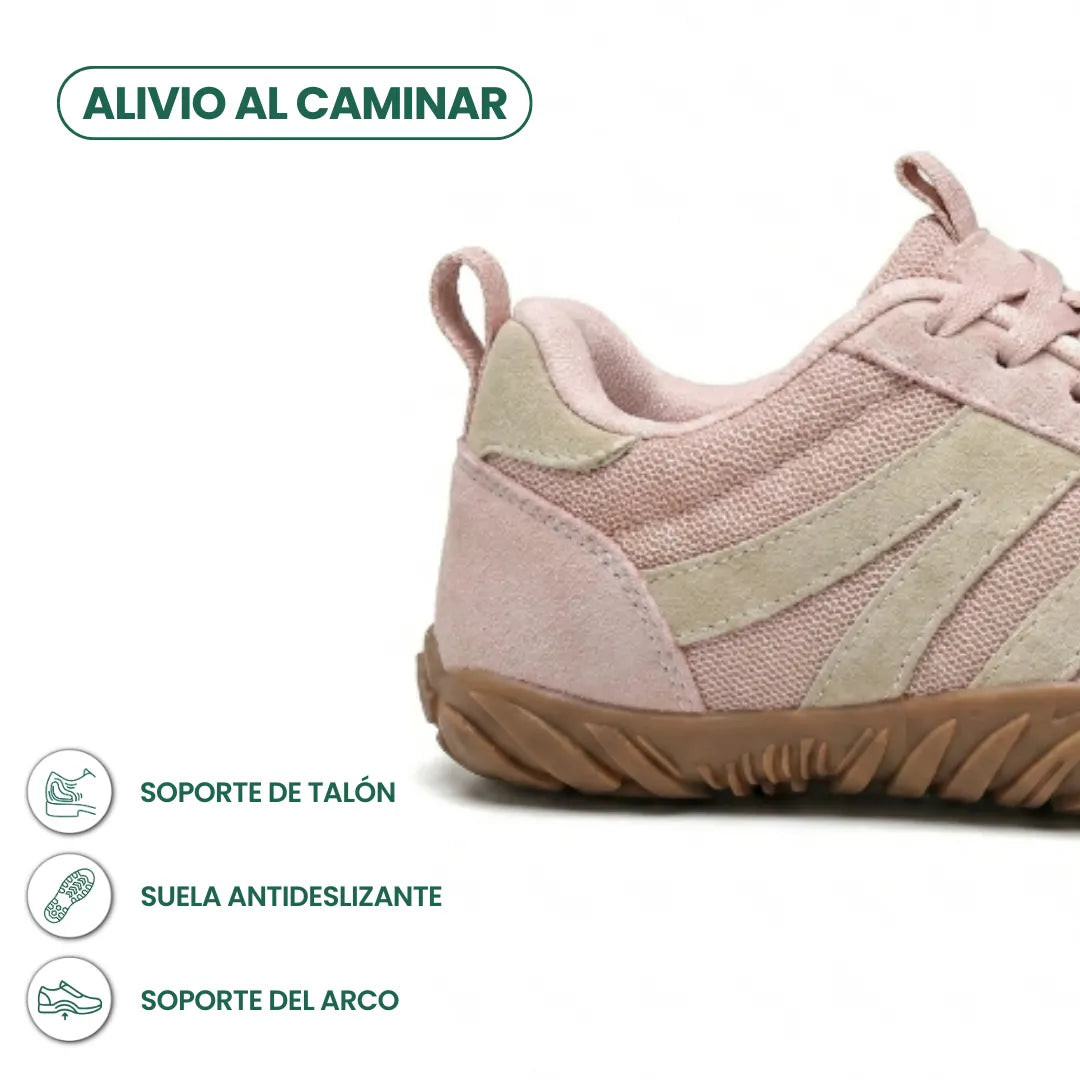Close-up of the pink shoe's heel, with icons highlighting heel support, a grippy non-slip sole and arch support. 13