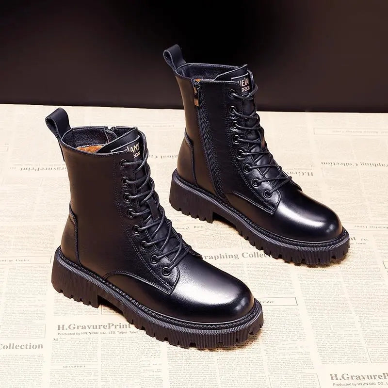 Lined Black Lace-Up Boot For Women - Adrienne