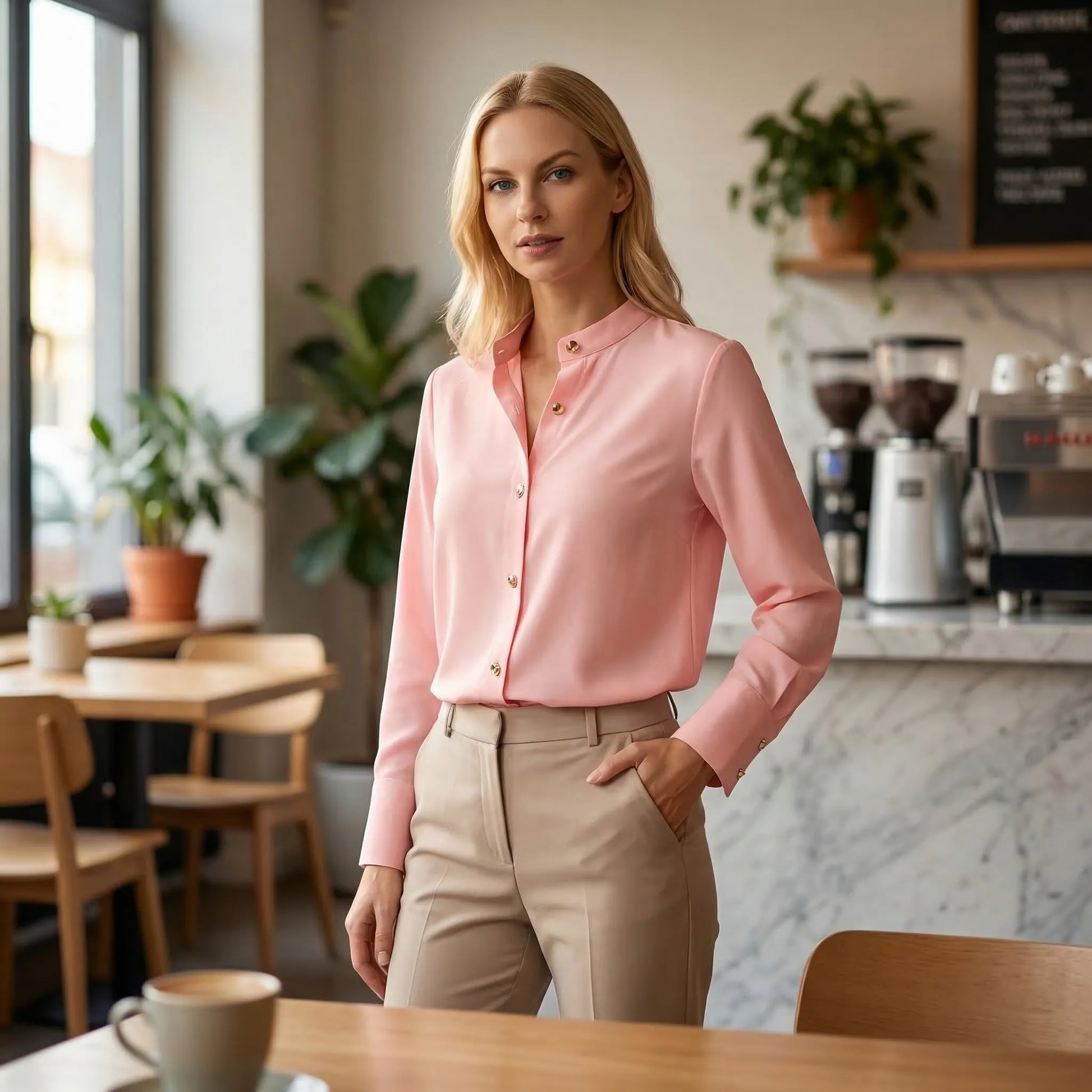 Long-Sleeve Blouse With Oversized Buttons - Rose