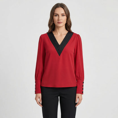 Long-Sleeve V-Neck Contrast Blouse - Genevieve