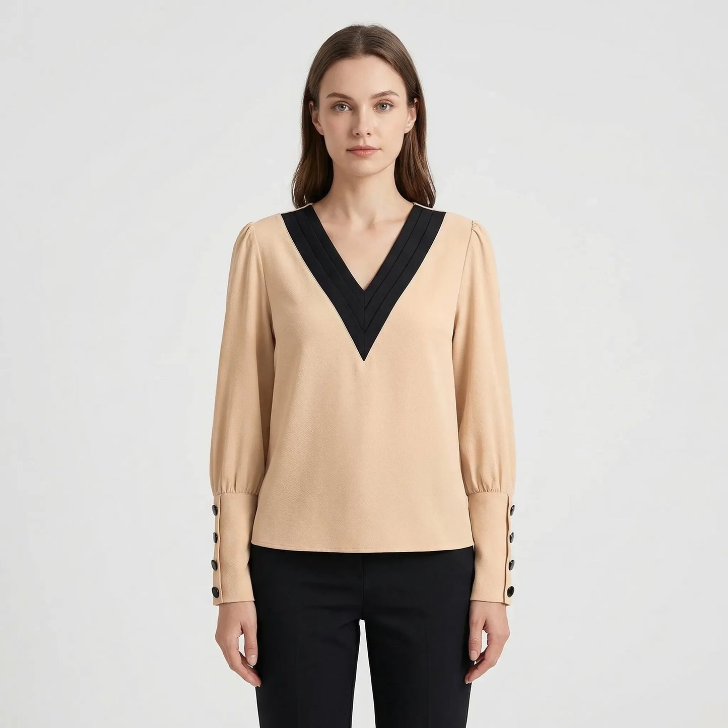 Long-Sleeve V-Neck Contrast Blouse - Genevieve