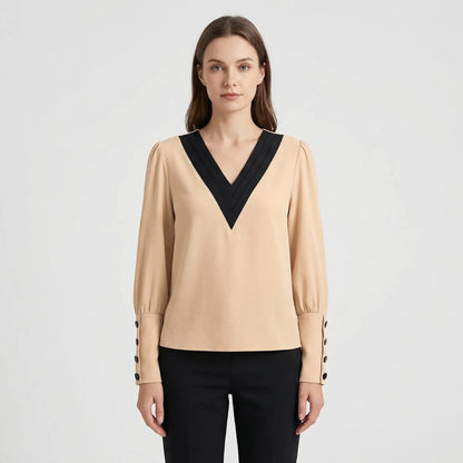Long-Sleeve V-Neck Contrast Blouse - Genevieve
