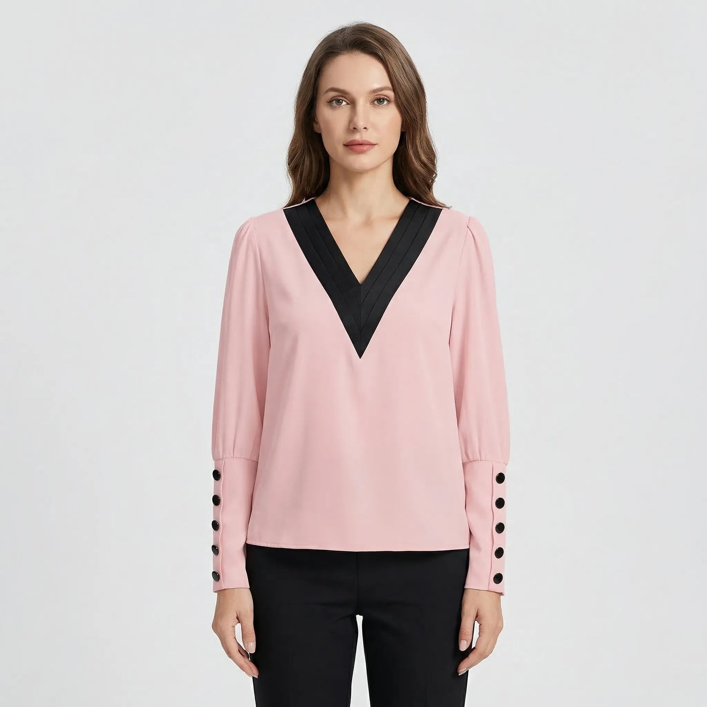 Long-Sleeve V-Neck Contrast Blouse - Genevieve