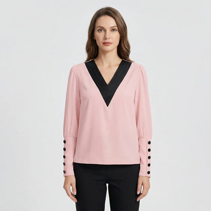 Long-Sleeve V-Neck Contrast Blouse - Genevieve
