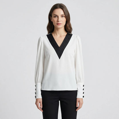 Long-Sleeve V-Neck Contrast Blouse - Genevieve