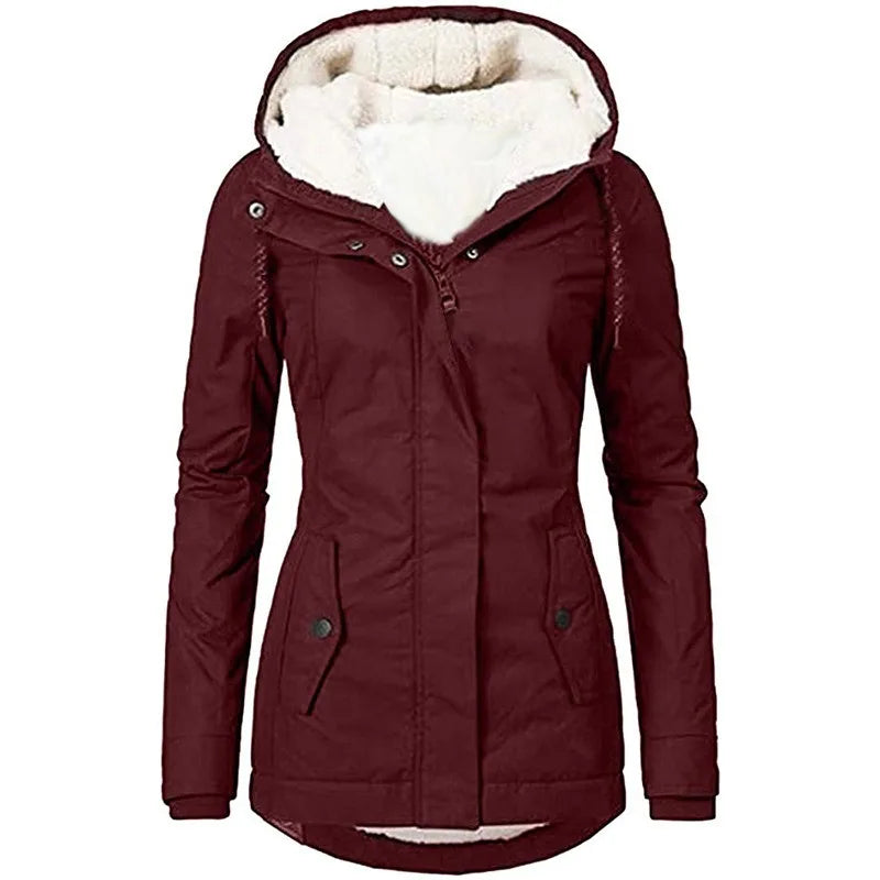Burgundy jacket from the front with thick white fleece lining in the hood and body 10