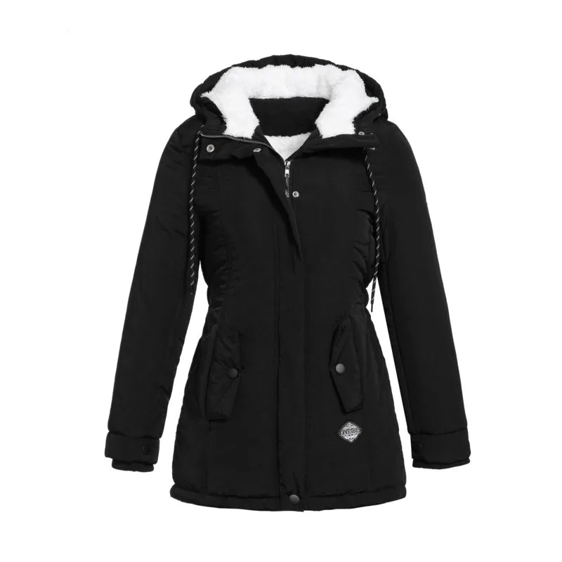 Black jacket from the front with white fleece-lined hood, drawstrings and flap pockets 2