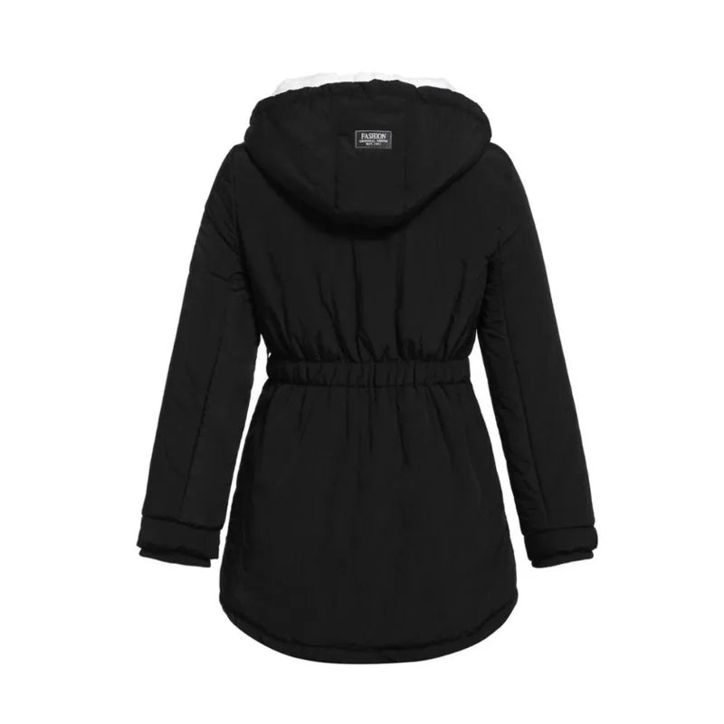 Back view of the black jacket showing the hood and elasticated waist 3