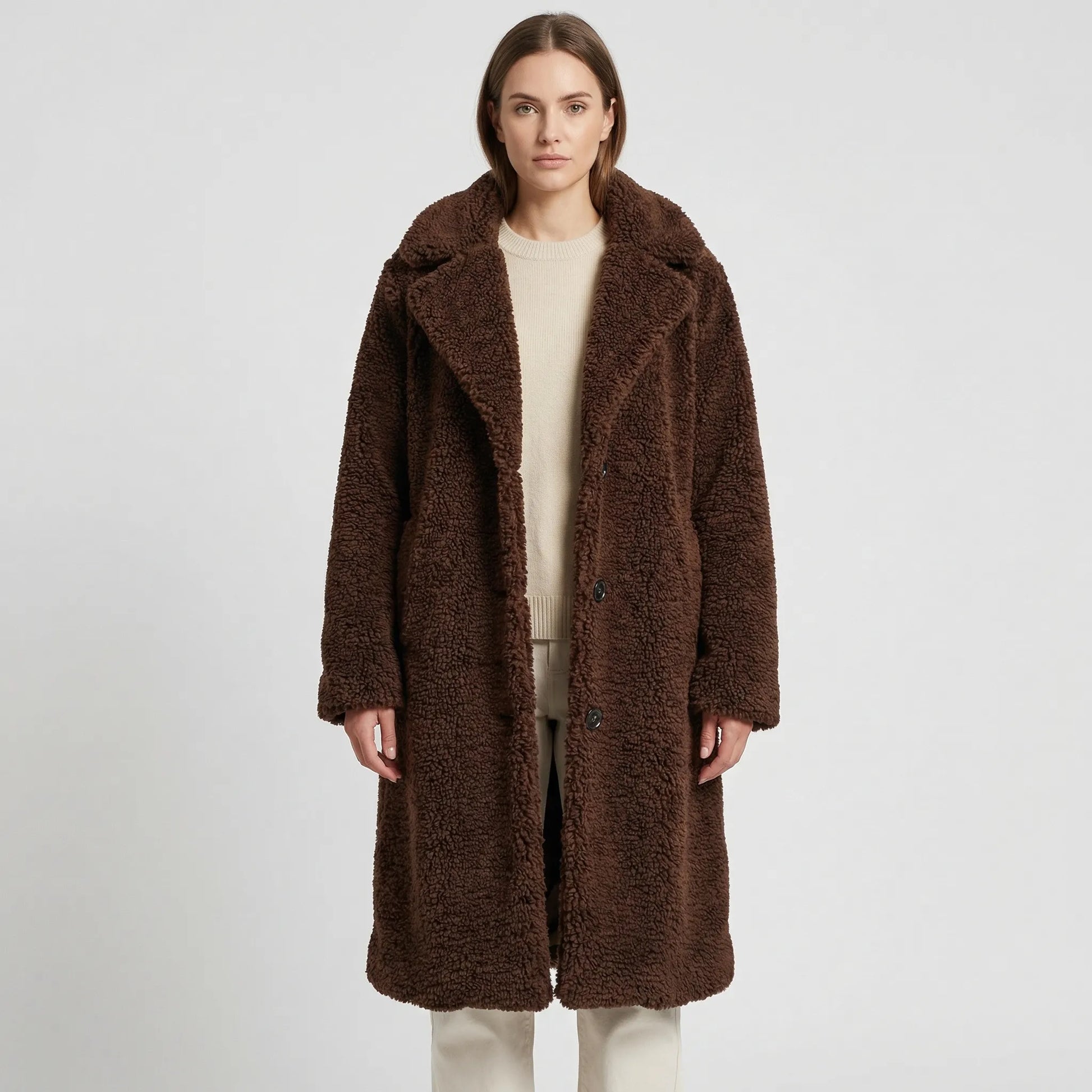 Long Fluffy Button-Front Winter Coat - Carla