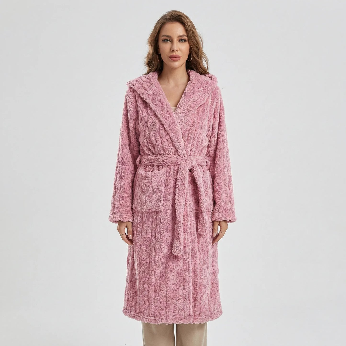 Long Hooded Dressing Gown With Belt - Brittany