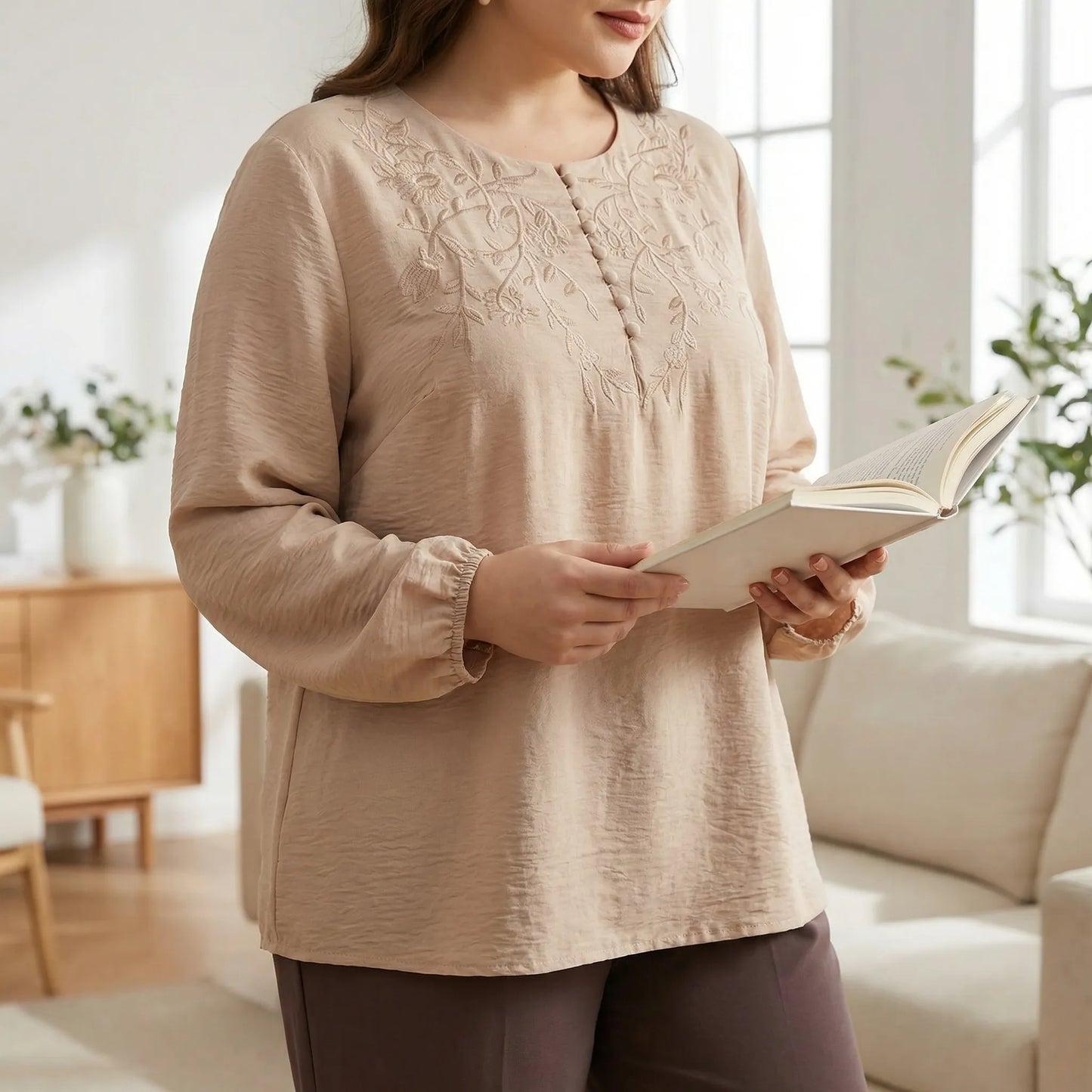 Loose Long Sleeve Embroidered Shirt - Joan