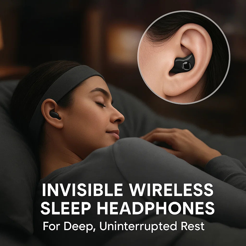 Woman wearing a headband lies on her side with a black earbud, plus an ear close-up 4