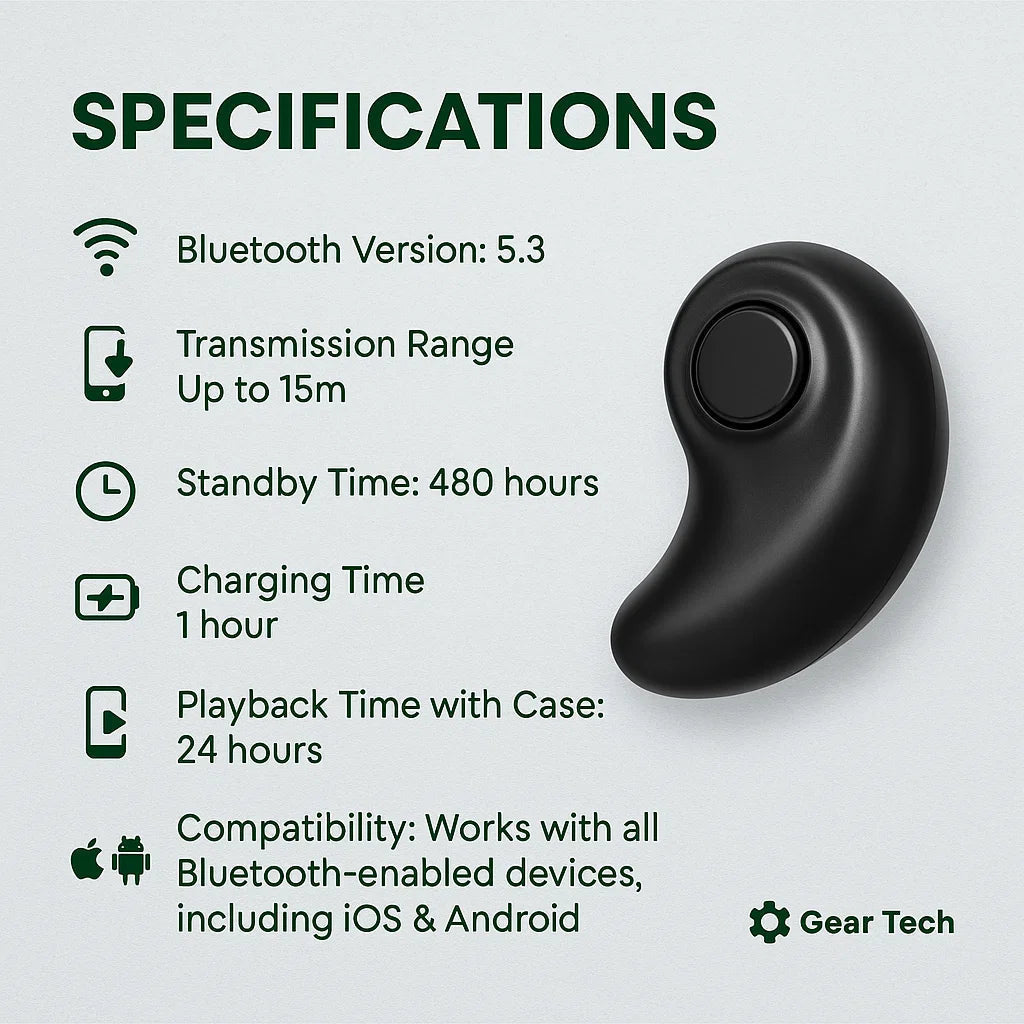 Single black bean-shaped earbud beside a list of Bluetooth, range, battery and compatibility specifications 5