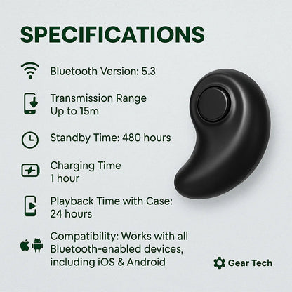 Single black bean-shaped earbud beside a list of Bluetooth, range, battery and compatibility specifications 5