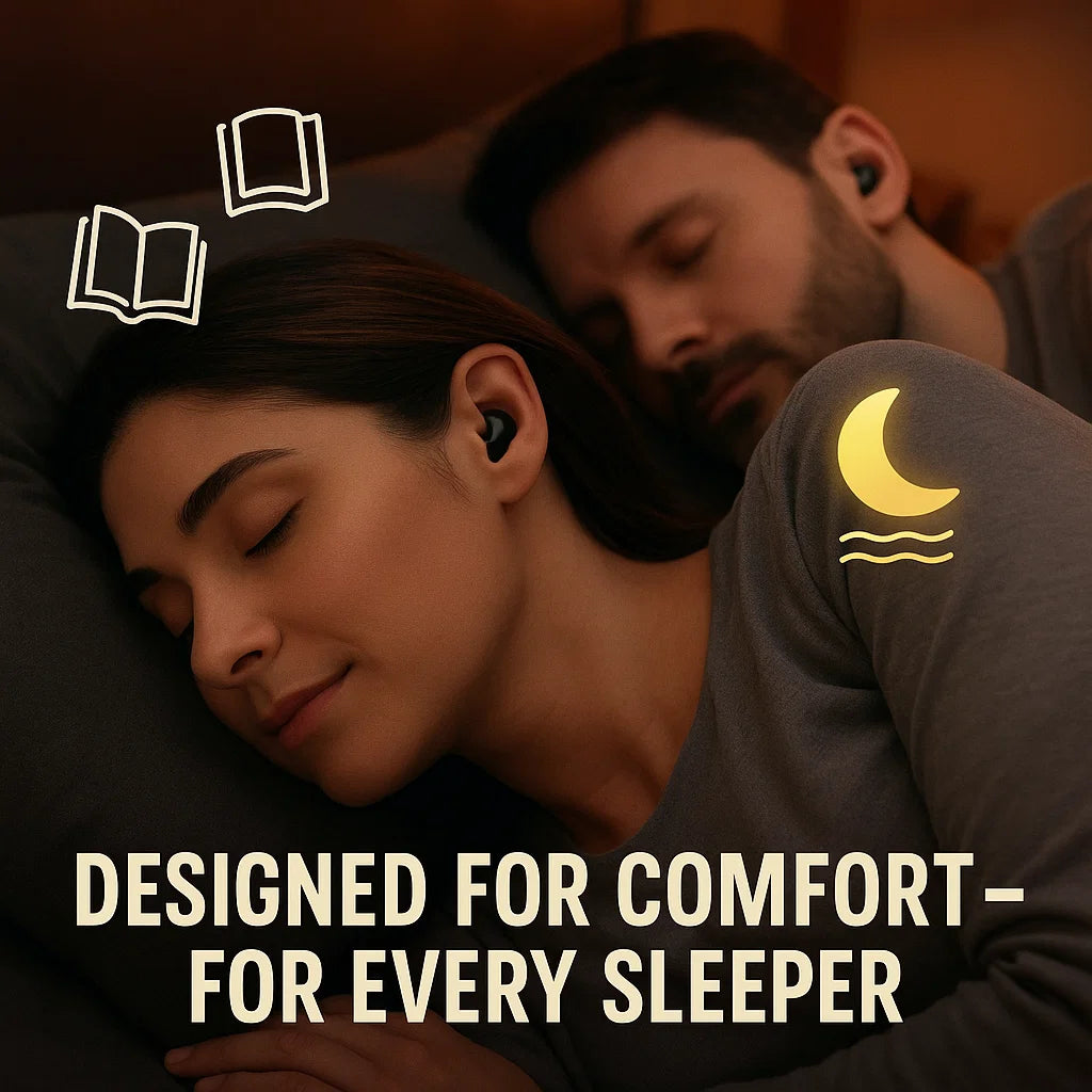 Couple asleep side by side in bed, both wearing small black earbuds, with moon and book icons 6