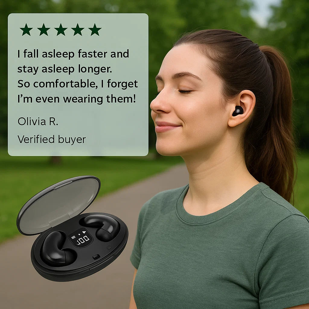 Woman outdoors with eyes closed wearing a black earbud, with an open charging case and a customer review 7