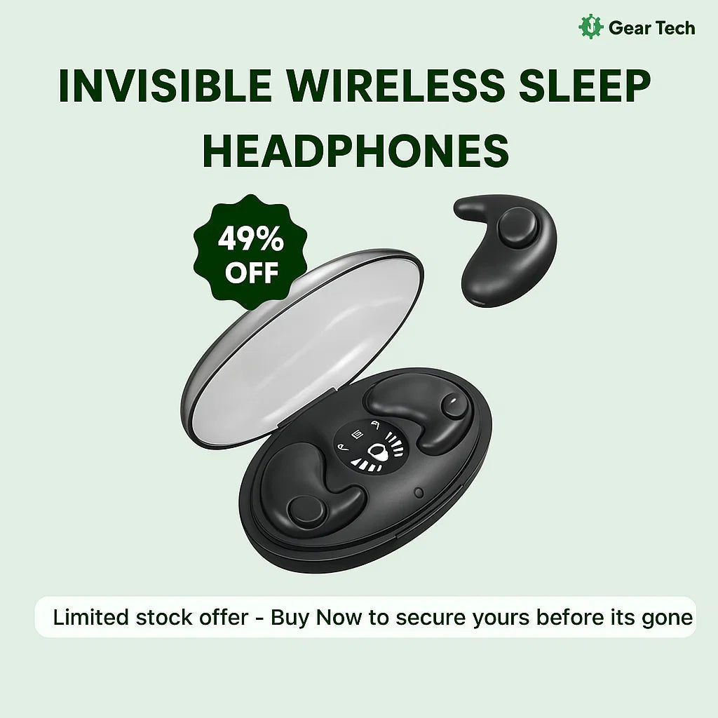 Black earbud floating above an open oval charging case holding two earbuds, with a discount badge 8