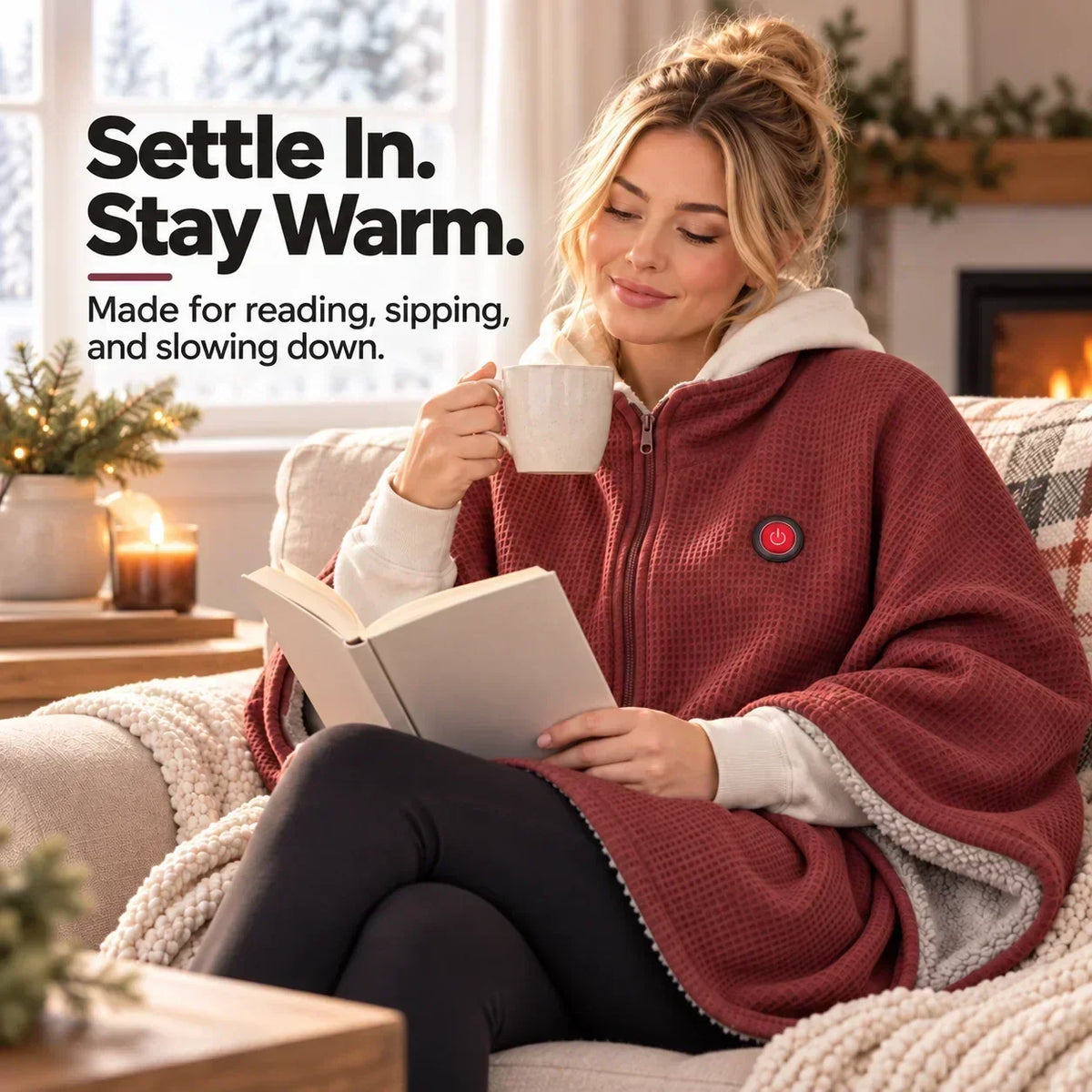 Woman in the red heated wrap reading a book and holding a mug beside a fireplace 10