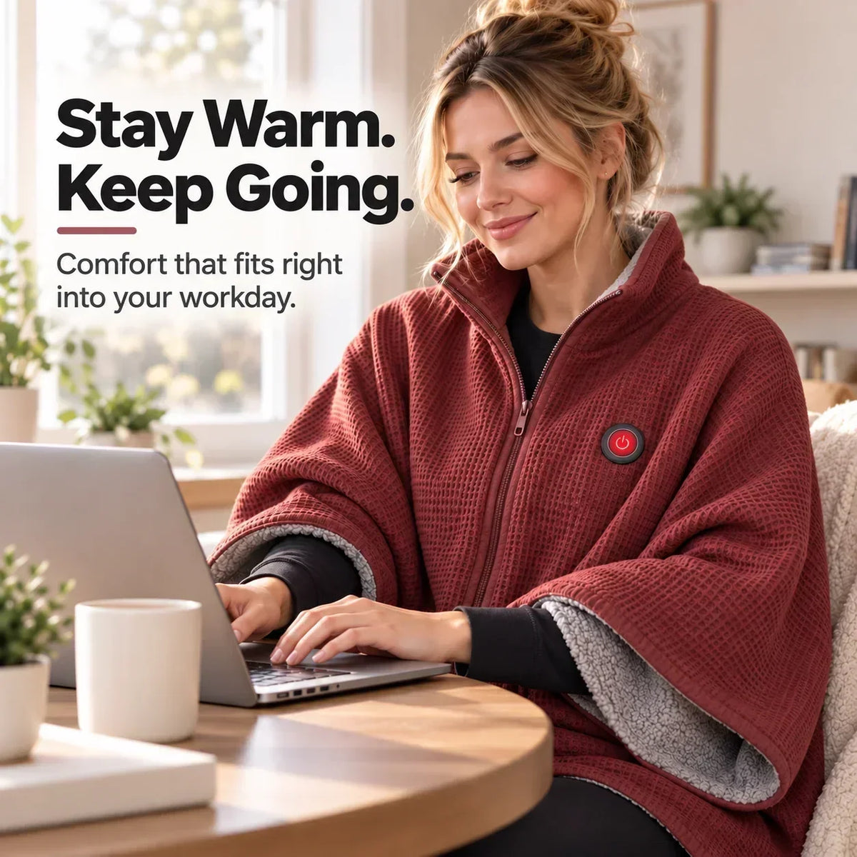 Woman wearing the red heated wrap while typing on a laptop at a round wooden table 11