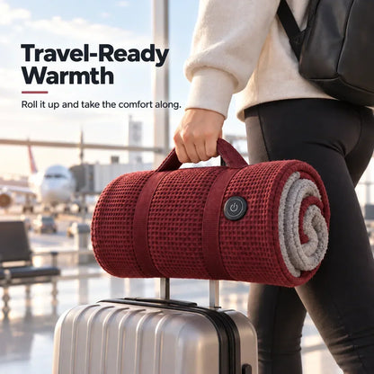 Red heated blanket rolled up with a carry handle, held by a traveller above a suitcase 2