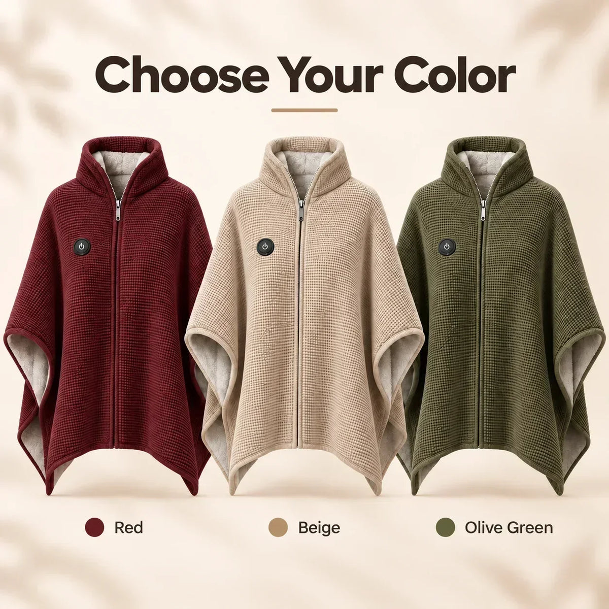 Three zip-up wearable blankets side by side in red, beige and olive green, each with a power button 3