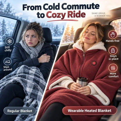 Side-by-side car comparison: shivering woman under a plaid blanket versus a relaxed woman wearing the red heated wrap 4