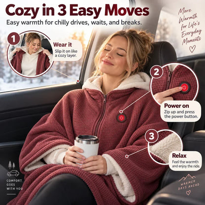 Woman relaxing in a car wearing the red wrap, with three small panels showing putting it on, powering on and relaxing 5