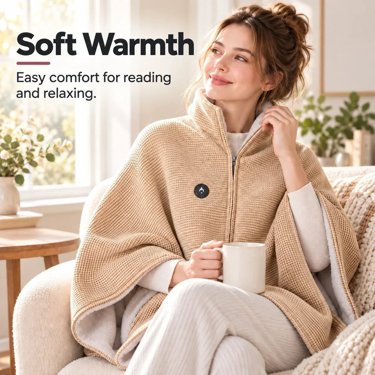 Woman in a beige zip-up heated wrap holding a mug on an armchair in a bright living room 6