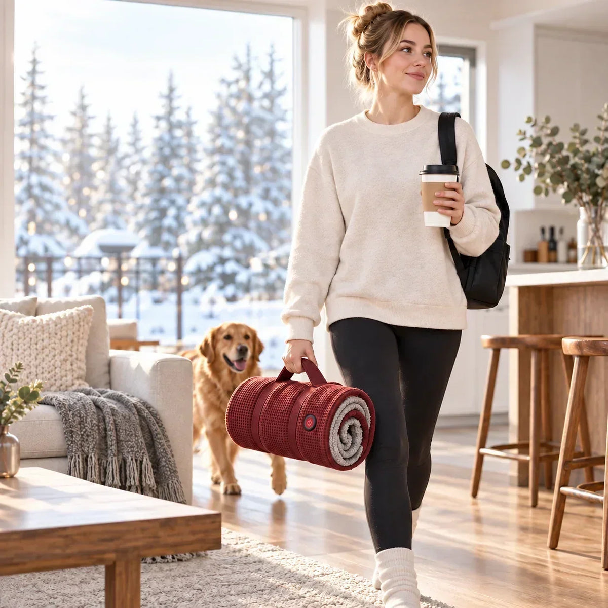 Woman walking through a snowy-view living room carrying the rolled red blanket, a coffee and a backpack, with a golden 7