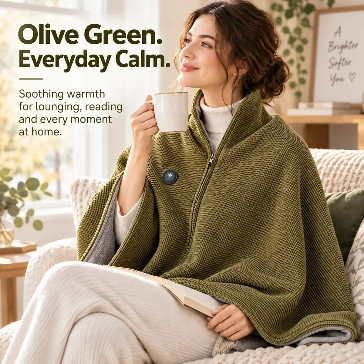 Woman in an olive green heated wrap sipping from a mug while reading on a sofa 8