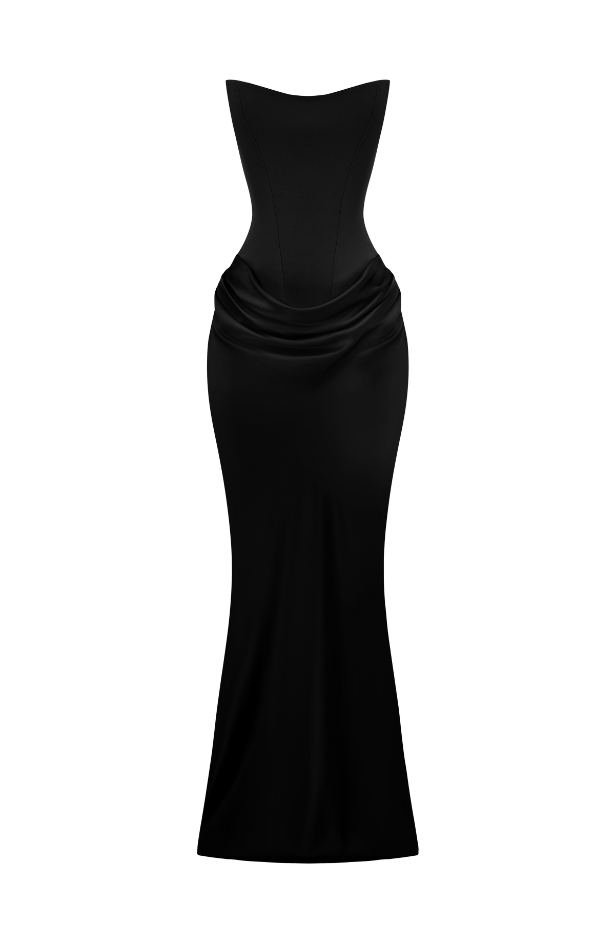 Black strapless corset dress laid out on a plain white background, showing the full length 28