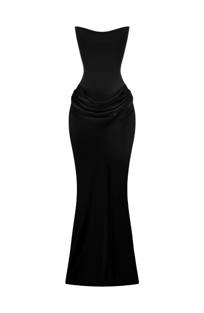 Black strapless corset dress laid out on a plain white background, showing the full length 28