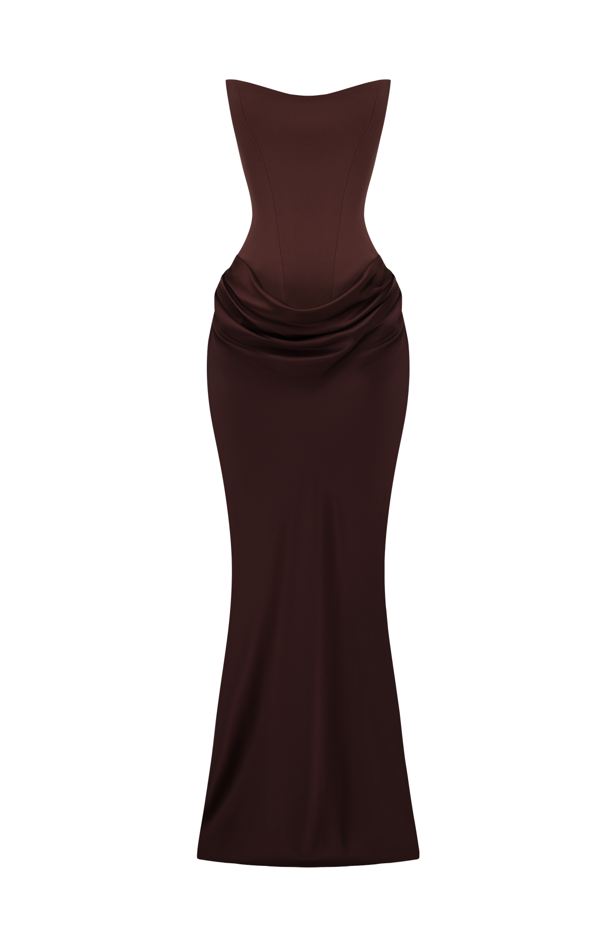 Flat product shot of brown strapless corset maxi dress with draped satin cowl skirt on white background 10