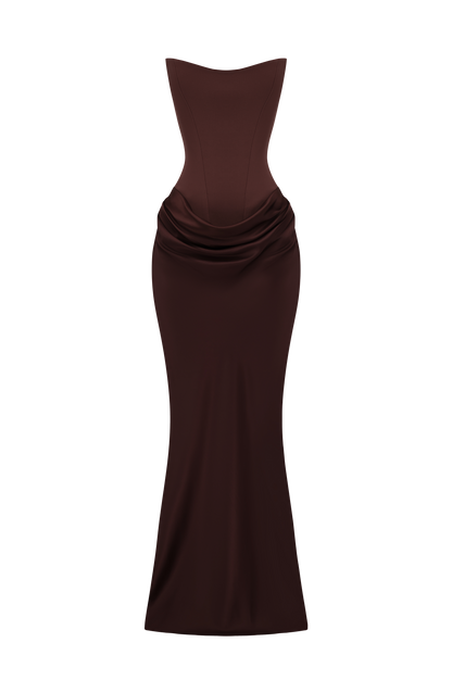 Flat product shot of brown strapless corset maxi dress with draped satin cowl skirt on white background 10
