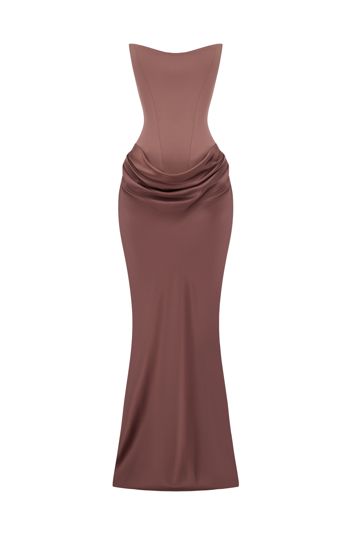 Flat view of the strapless dress in dusky brown, with boned bodice and draped satin skirt 41