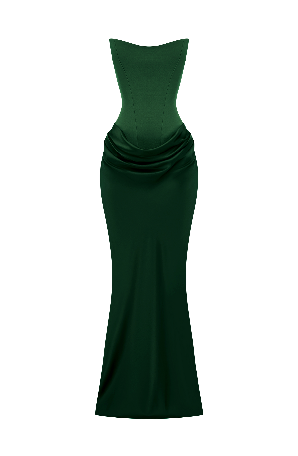 Green strapless corset dress displayed flat on a white background, showing the draped skirt 36